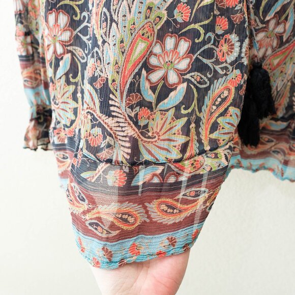 Sundance Silk Peasant Blouse Womens Small Floral Tassel Tie Sheer Boho Top - Picture 5 of 13